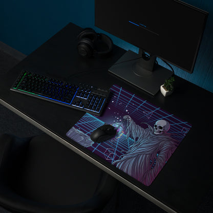 A rectangular gaming mousepad with a neon purple vaporwave skeleton design on a moody cyberpunk grid background