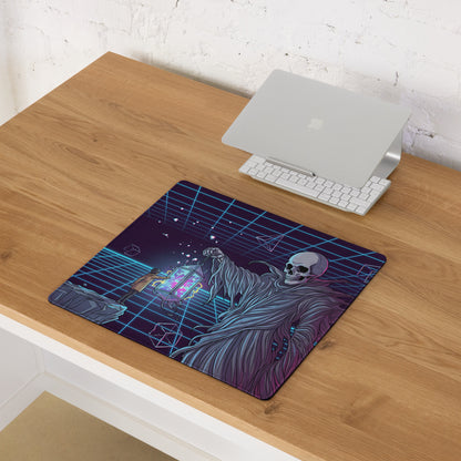 Neon vaporwave skeleton gaming pad in navy blue and purple with a retro-futuristic skeletal figure holding a glowing box