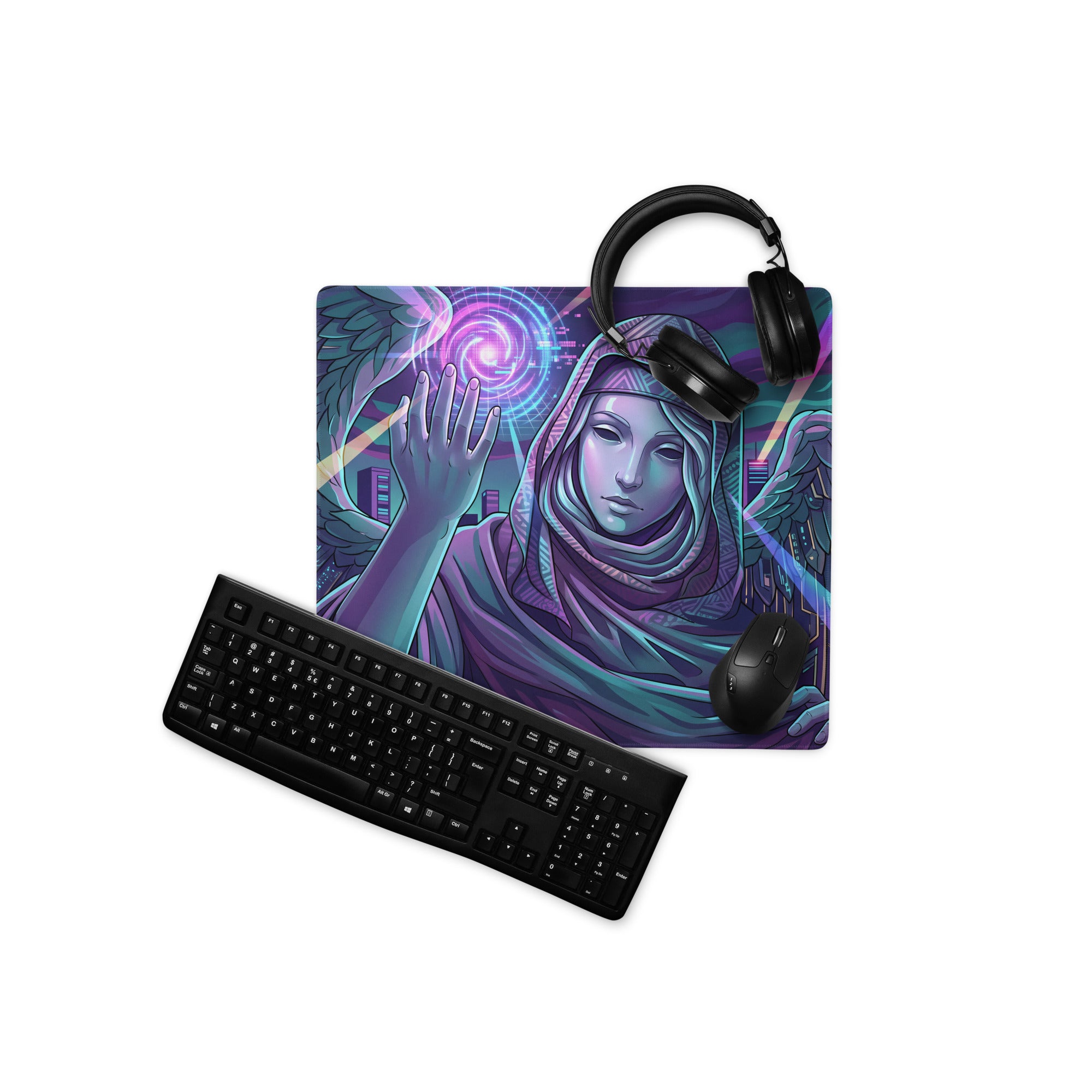 Purple and teal vaporwave winged neon mouse pad with hooded angel design shown with black headphones keyboard and mouse