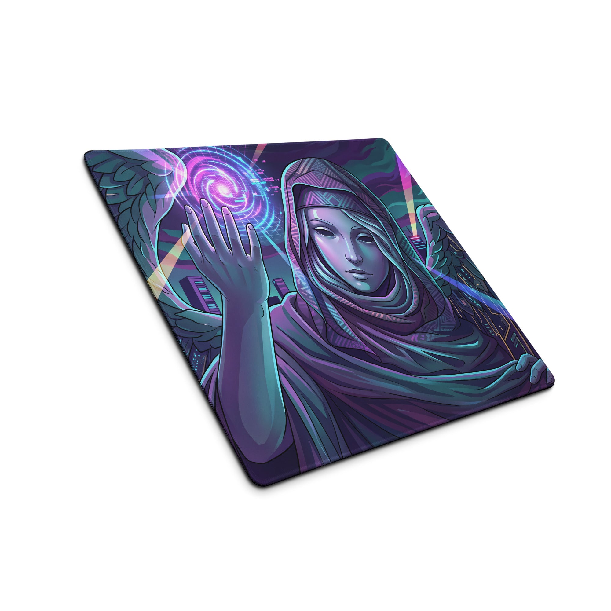 Rectangular glossy mousepad with vibrant vaporwave winged angel in purple pink teal reaching a cosmic vortex design