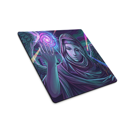 Rectangular glossy mousepad with vibrant vaporwave winged angel in purple pink teal reaching a cosmic vortex design