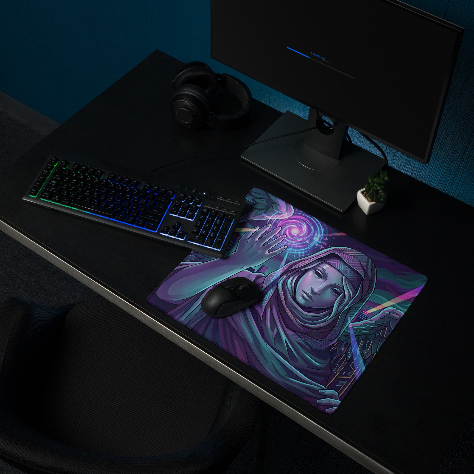 Vibrant purple and teal vaporwave winged neon mouse pad featuring a mystical figure with glowing cosmic energy