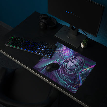 Vibrant purple and teal vaporwave winged neon mouse pad featuring a mystical figure with glowing cosmic energy
