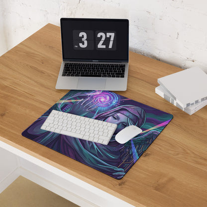 Vaporwave winged neon mouse pad with vibrant purple and teal cosmic design featuring a mystical figure with glowing spiral energy