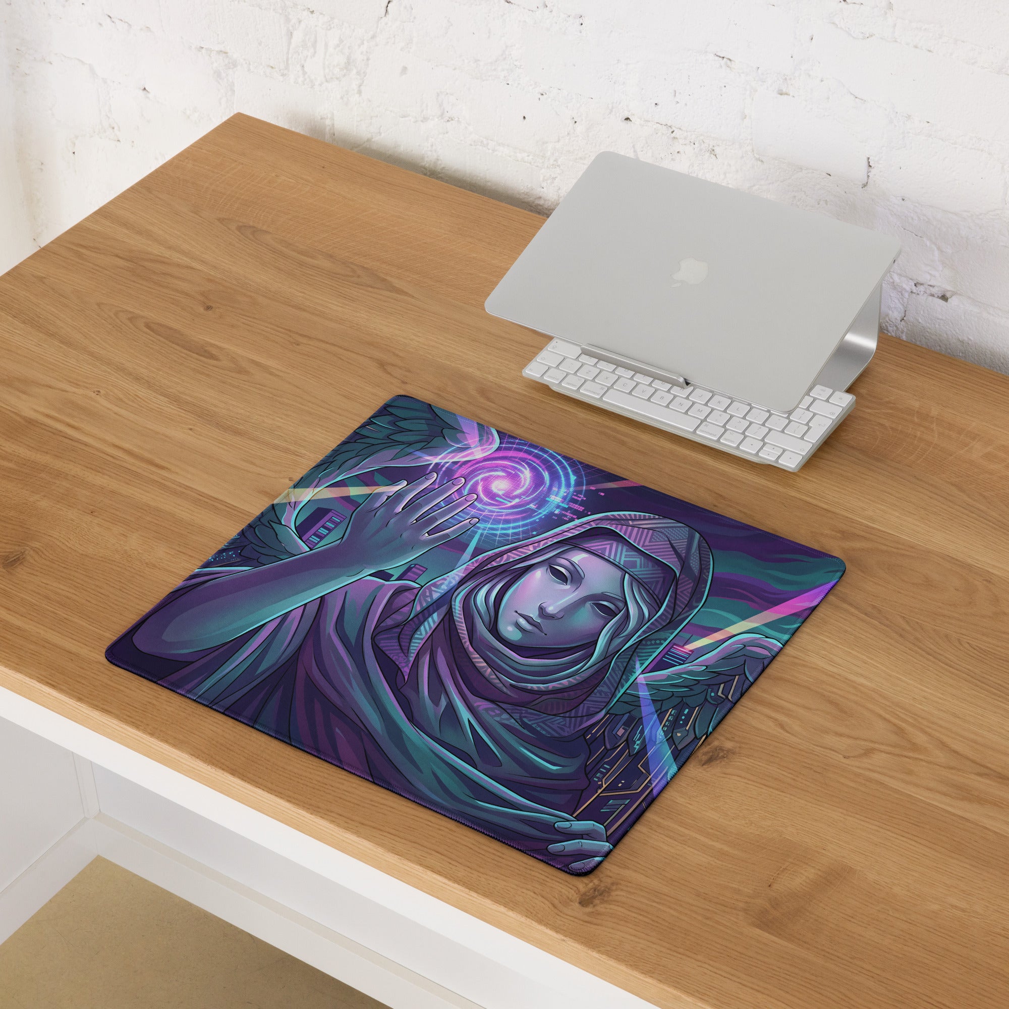 Vibrant purple and teal vaporwave winged neon mouse pad featuring a hooded figure with glowing spiral energy design