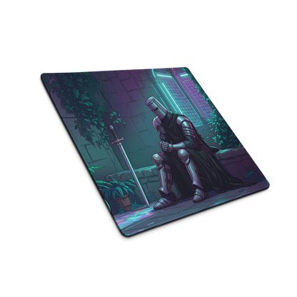 Neon knight vaporwave square gaming mousepad with dark armored knight illustration and neon purple blue cyberpunk accents