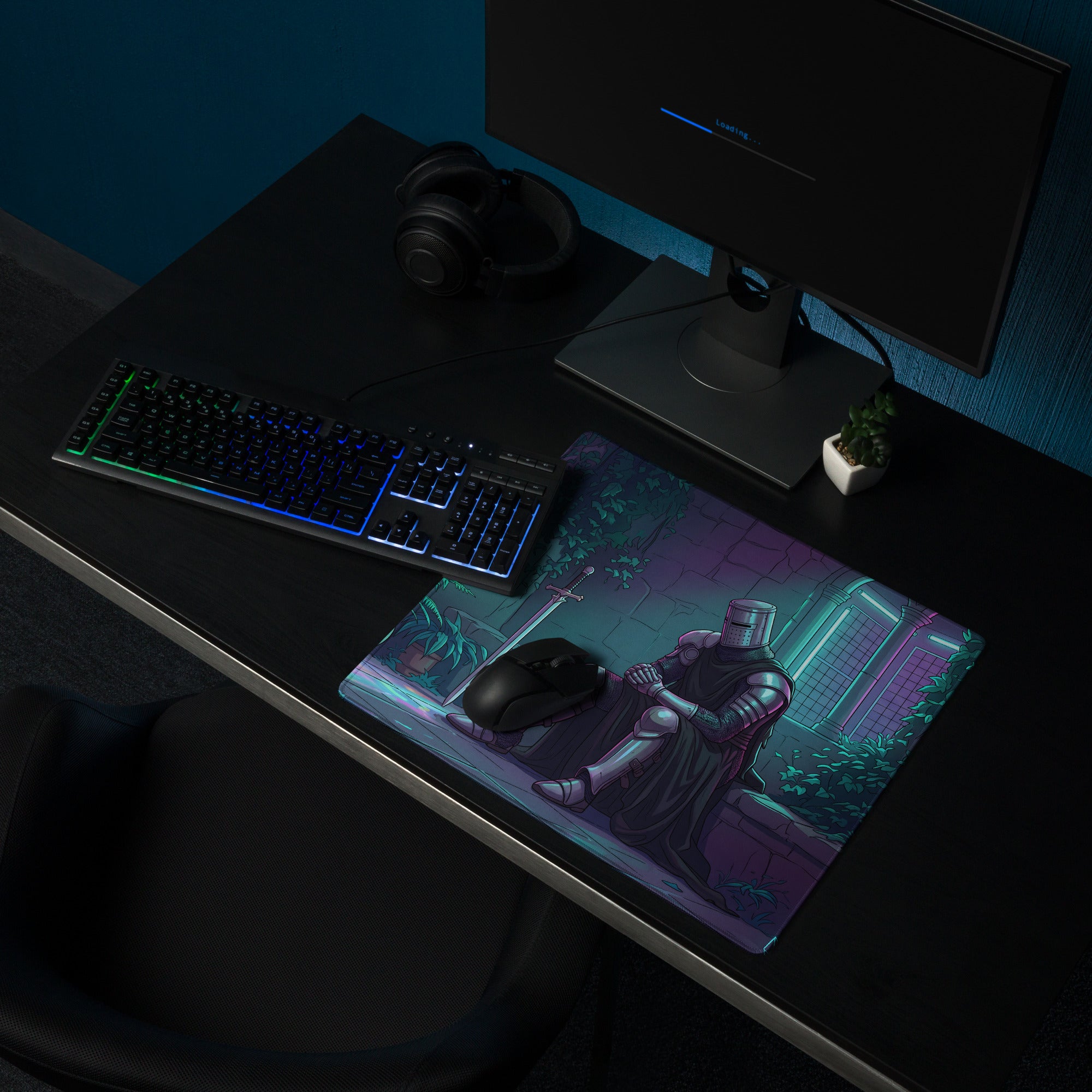Rectangular gaming mousepad with neon purple and teal knight in armor illustration on stone steps in a vaporwave cyberpunk style
