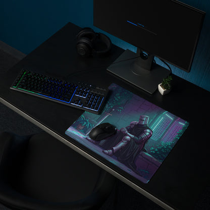 Rectangular gaming mousepad with neon purple and teal knight in armor illustration on stone steps in a vaporwave cyberpunk style