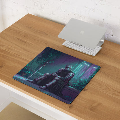Navy blue and teal neon knight vaporwave mouse pad with knight in armor and sword on urban cyberpunk backdrop