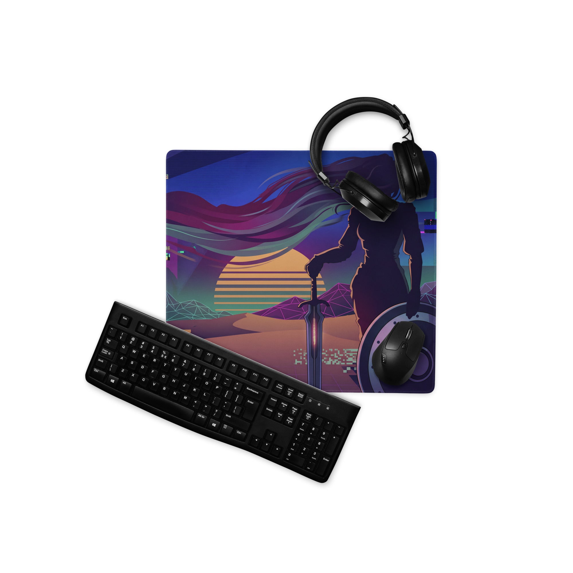 Black gaming headset with padded earcups and adjustable headband resting on vaporwave neon gamer desk pad in purple pink