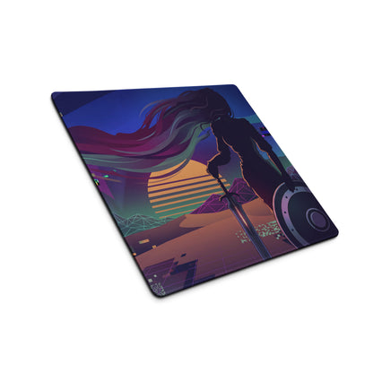 Rectangular neon purple pink vaporwave gaming mousepad with warrior illustration and retro-futuristic sunset design