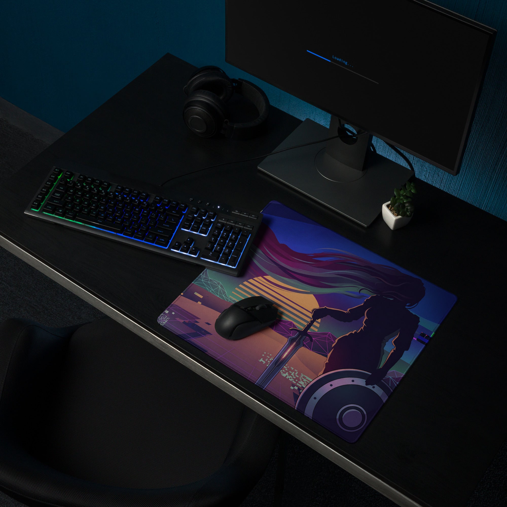 A vibrant vaporwave neon purple pink gamer desk pad featuring a warrior illustration against a sunset backdrop