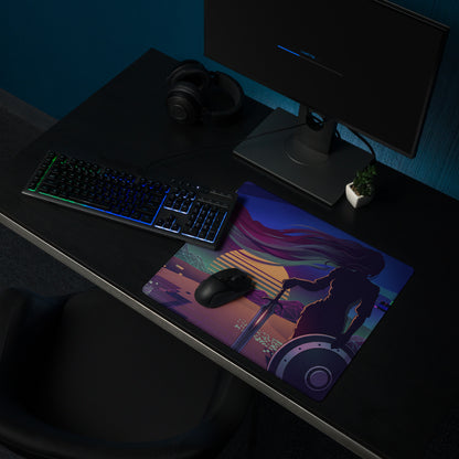A vibrant vaporwave neon purple pink gamer desk pad featuring a warrior illustration against a sunset backdrop