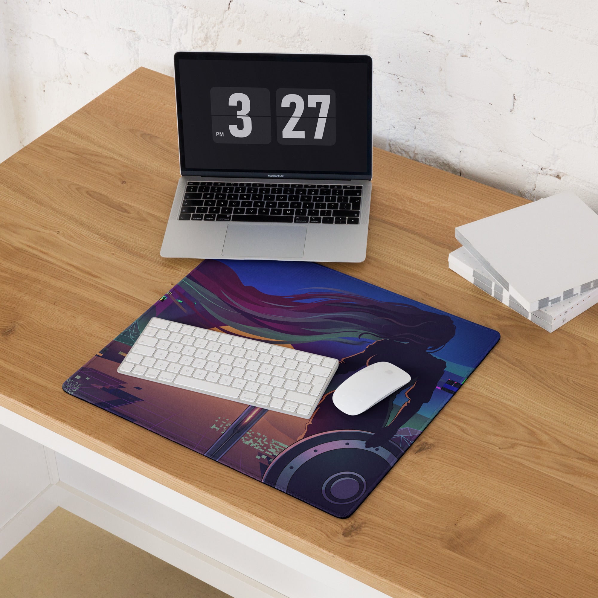 Vaporwave neon gamer desk pad mouse pad with vibrant anime silhouette and purple blue hair on cosmic background