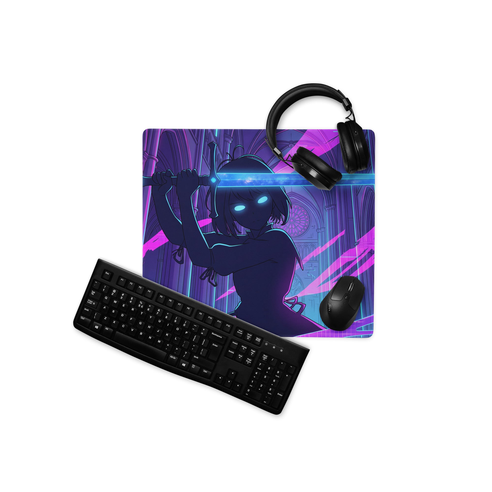 Vibrant purple and blue anime-themed neon vaporwave office mouse pad with glowing sword-wielding character design