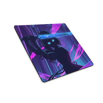 A rectangular neon vaporwave office mouse pad with a dark silhouette and glowing blue sword on purple and cyan background