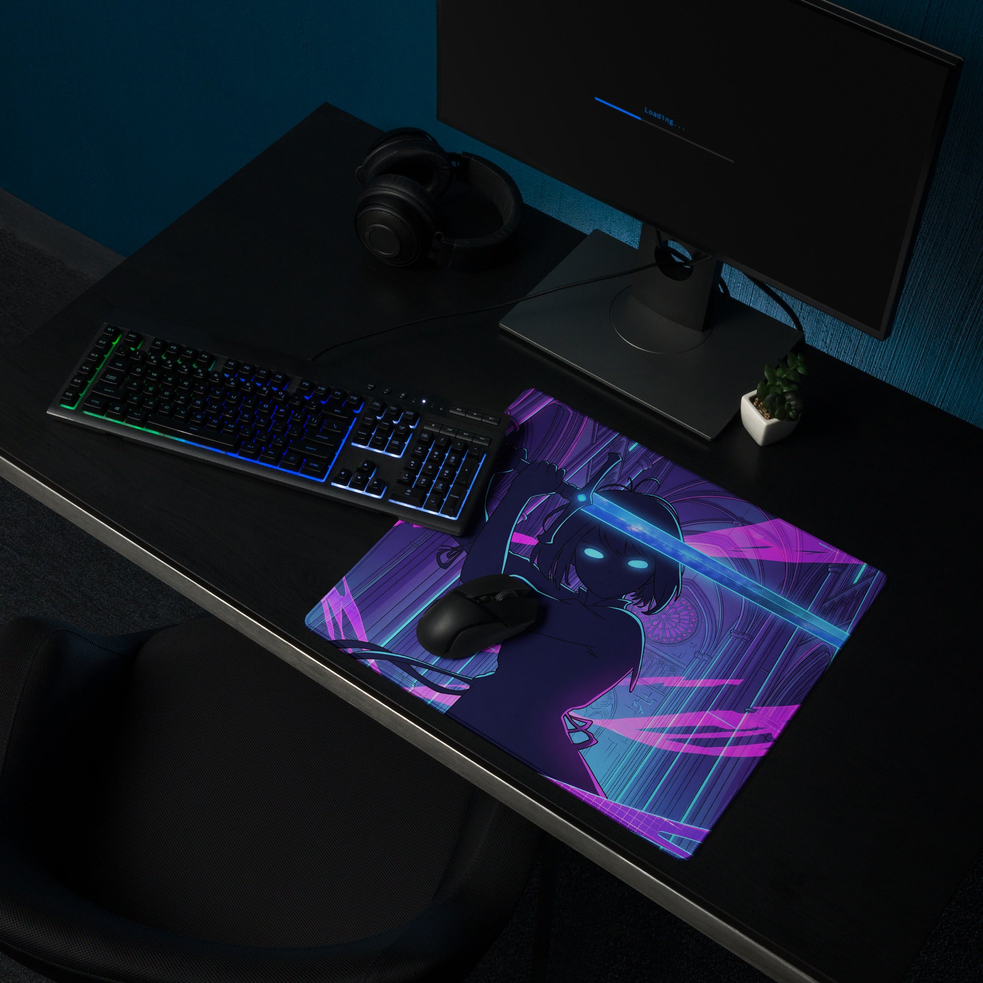Neon vaporwave office mouse pad with vibrant purple and blue anime design and glowing eyes for gaming desk setup