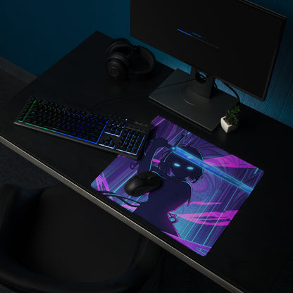 Neon vaporwave office mouse pad with vibrant purple and blue anime design and glowing eyes for gaming desk setup