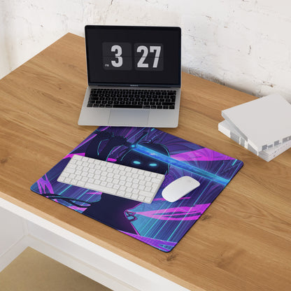 Neon vaporwave office mouse pad with vibrant purple and blue neon anime design for retro gaming desk setup