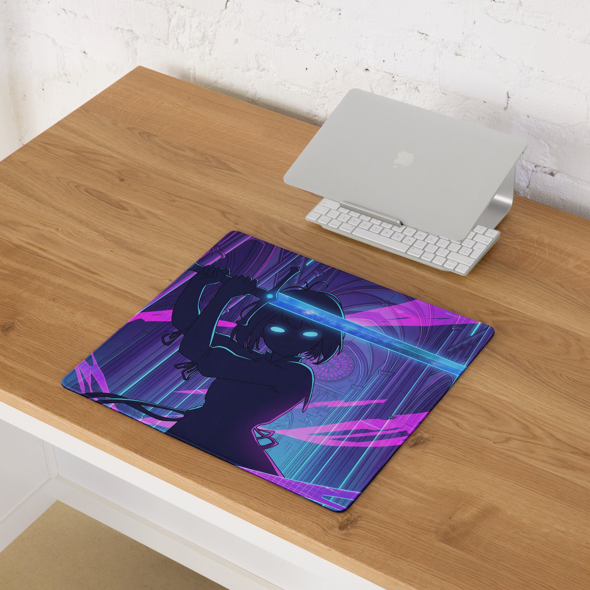 Neon vaporwave anime mouse pad with navy blue purple neon theme and glowing cyan sword for gaming and office use