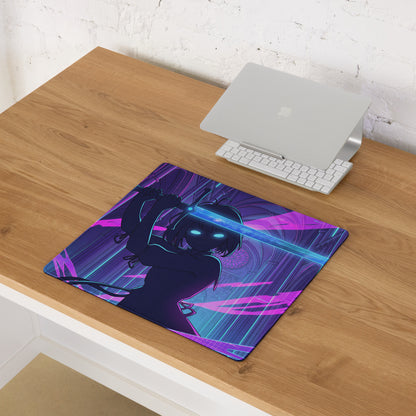 Neon vaporwave anime mouse pad with navy blue purple neon theme and glowing cyan sword for gaming and office use