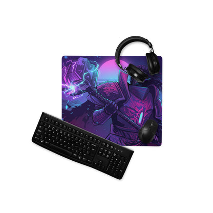 Neon vaporwave combat mouse pad with purple and blue neon fantasy warrior design for gaming desks