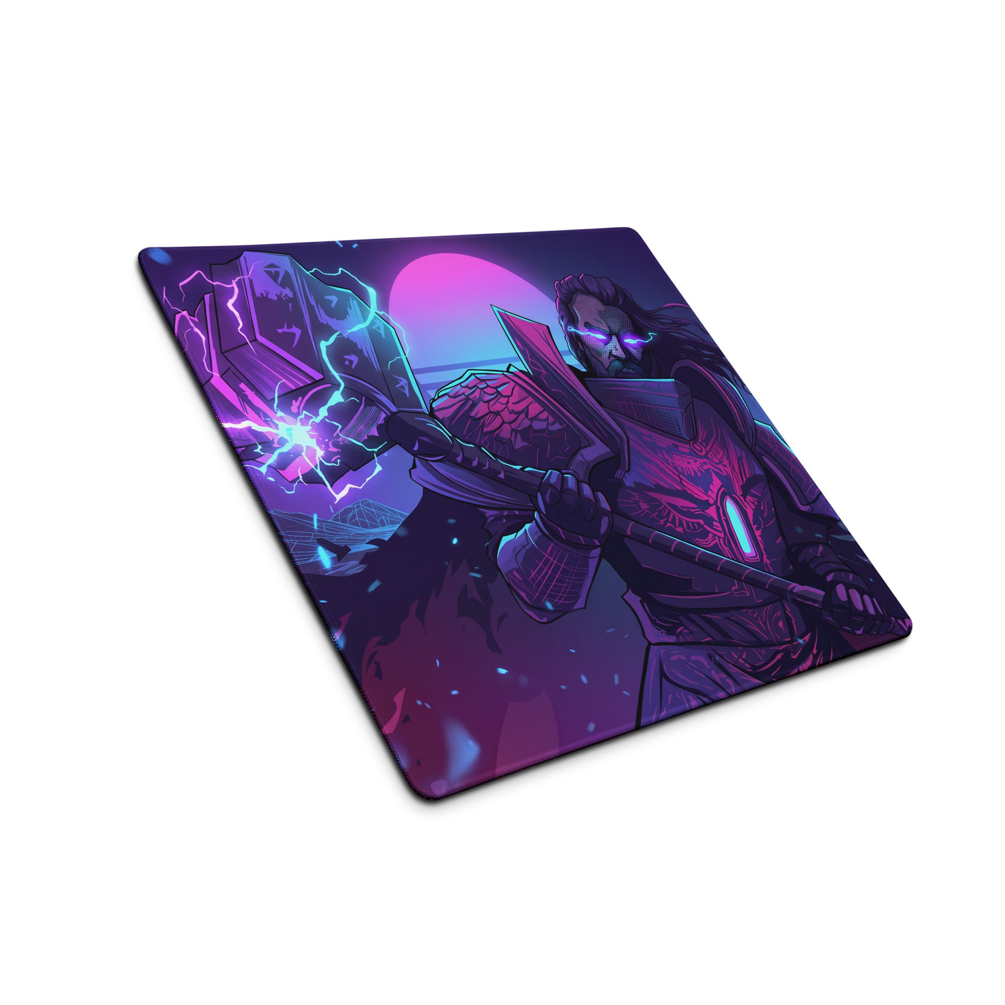 Navy blue and purple neon vaporwave combat gaming mousepad with a glowing warrior holding a lightning weapon cosmic design