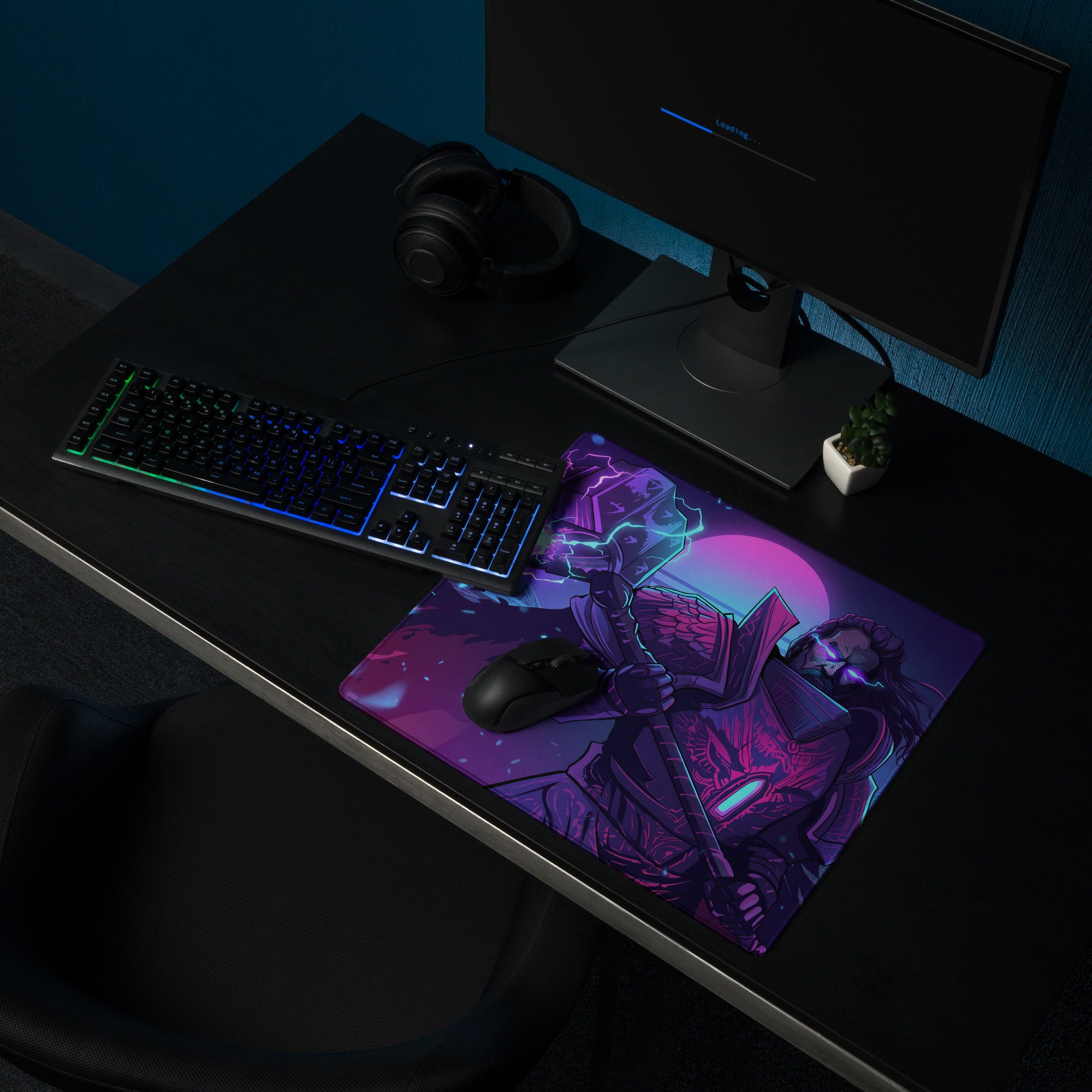 Neon vaporwave combat mouse pad with purple pink blue neon warrior design for vibrant gaming desks