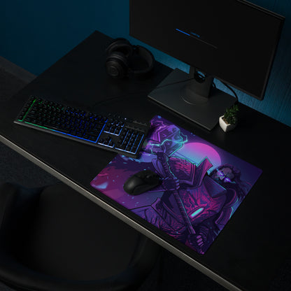 Neon vaporwave combat mouse pad with purple pink blue neon warrior design for vibrant gaming desks