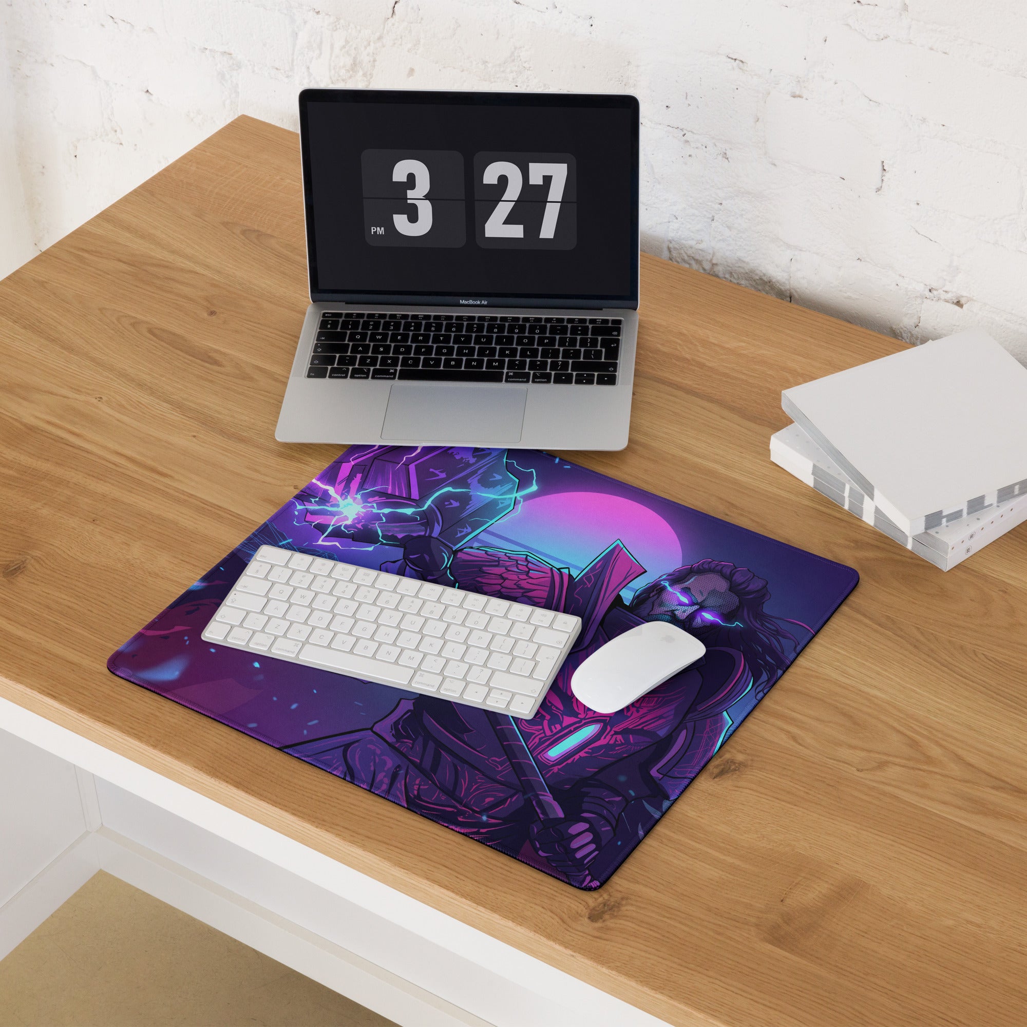 Neon vaporwave combat mouse pad with vibrant purple and neon blue fantasy warrior design and glowing energy effects