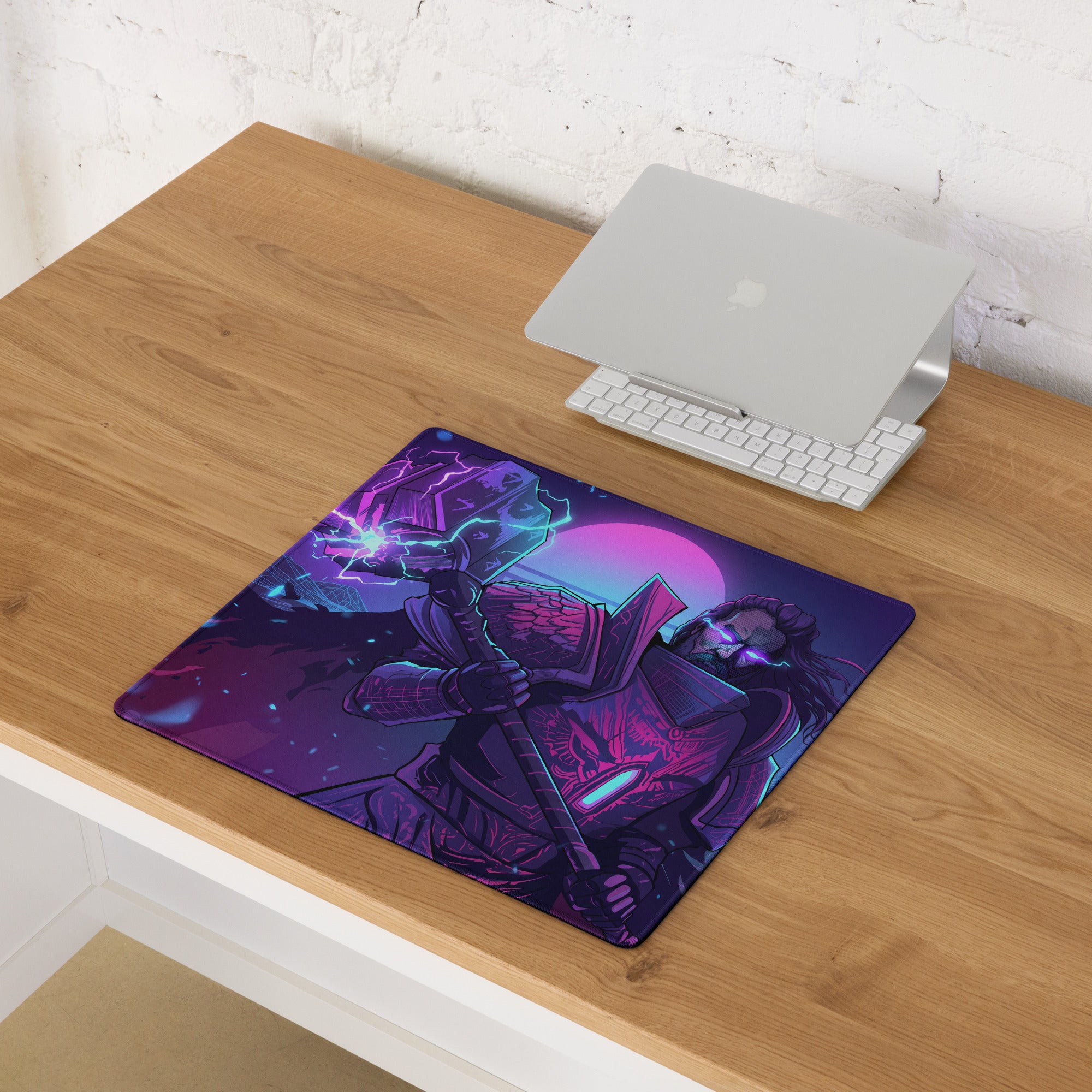 Neon vaporwave combat mouse pad featuring a purple and pink fantasy warrior design for gaming desks
