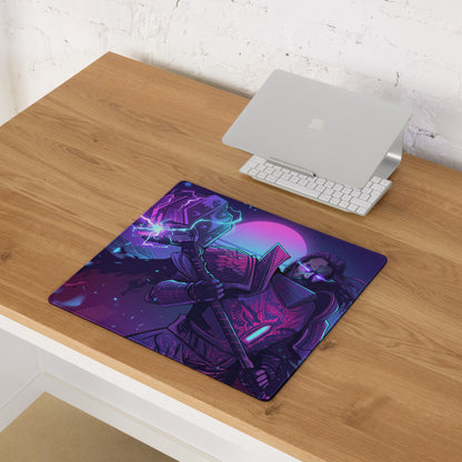 Neon vaporwave combat mouse pad featuring a purple and pink fantasy warrior design for gaming desks