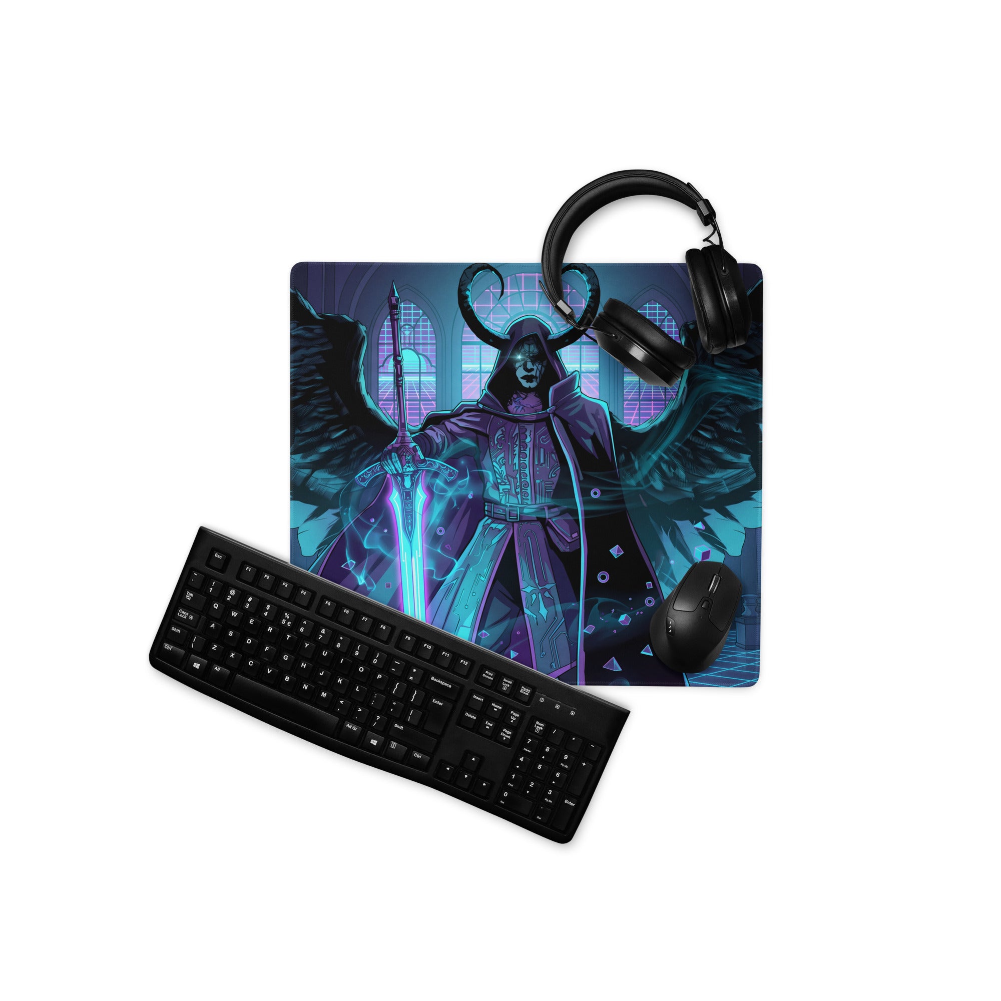 Rectangular gaming mousepad with dark fantasy neon angel wings illustration in purple and blue vaporwave tones