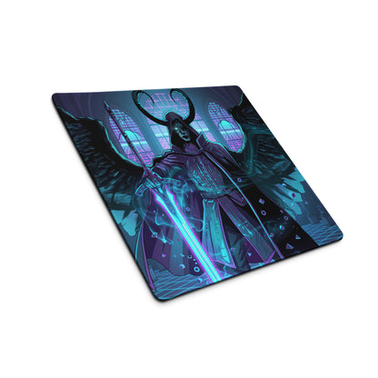Rectangular gaming mousepad with neon purple and blue vaporwave design featuring armored winged figure with glowing sword