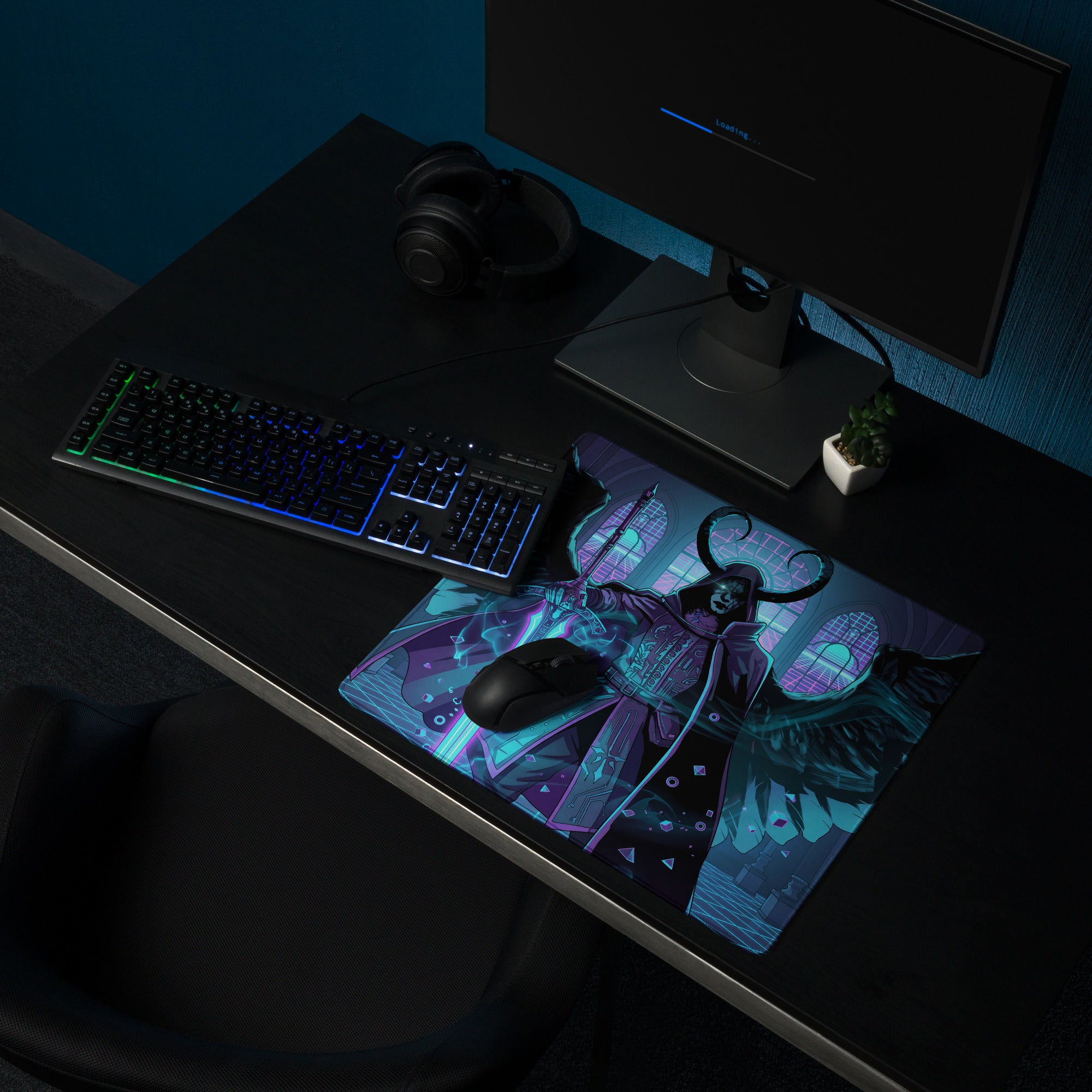 A vibrant rectangular gaming mousepad with neon purple and blue angel wings vaporwave design and glowing dark fantasy art