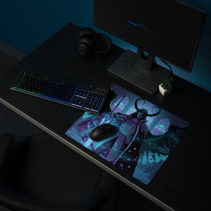 A vibrant rectangular gaming mousepad with neon purple and blue angel wings vaporwave design and glowing dark fantasy art