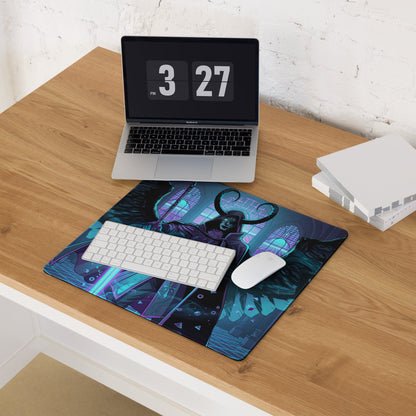 Dark blue and purple vaporwave mousepad with neon angel wings and a stylized horned figure for gaming desks