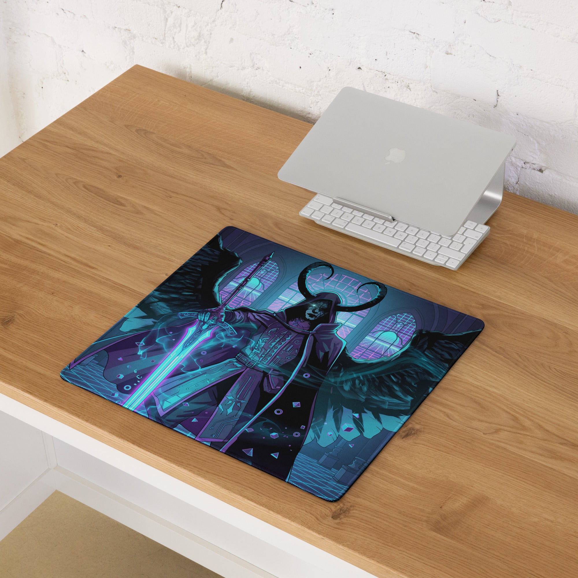 Rectangular gaming mousepad with neon angel wings vaporwave design of horned figure in purple and blue armor holding glowing sword