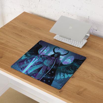 Rectangular gaming mousepad with neon angel wings vaporwave design of horned figure in purple and blue armor holding glowing sword