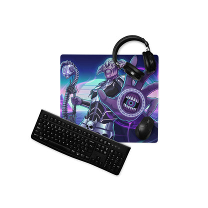 Neon vaporwave gamer pad gaming mouse pad with purple and blue neon skull design featuring a skeletal character