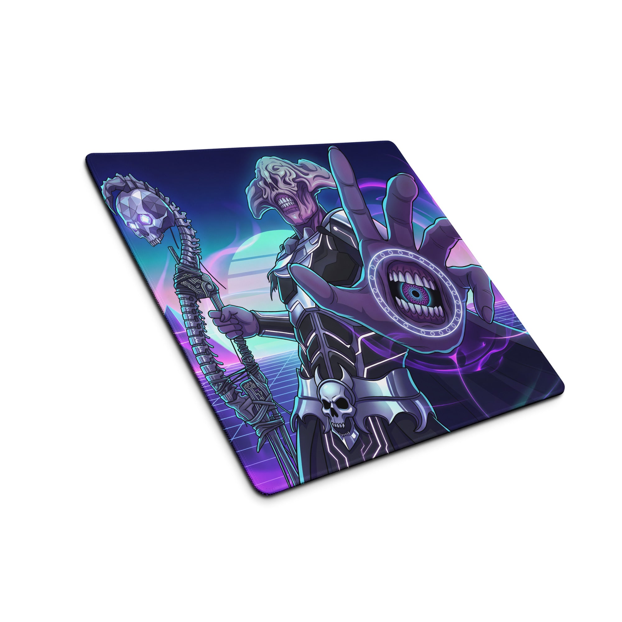 Necron-themed gaming mousepad with purple and black skeletal warrior holding skull staff in neon vaporwave style