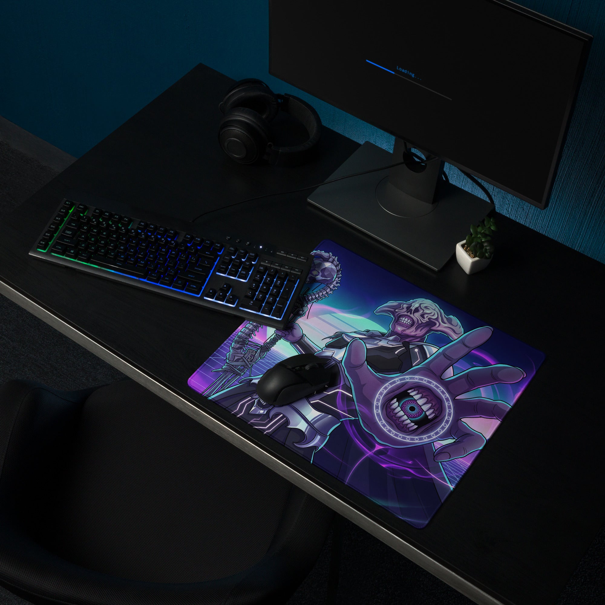 Neon vaporwave gamer pad featuring a vibrant purple and blue gaming mousepad with a skeletal hand and eye design