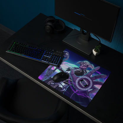 Neon vaporwave gamer pad featuring a vibrant purple and blue gaming mousepad with a skeletal hand and eye design