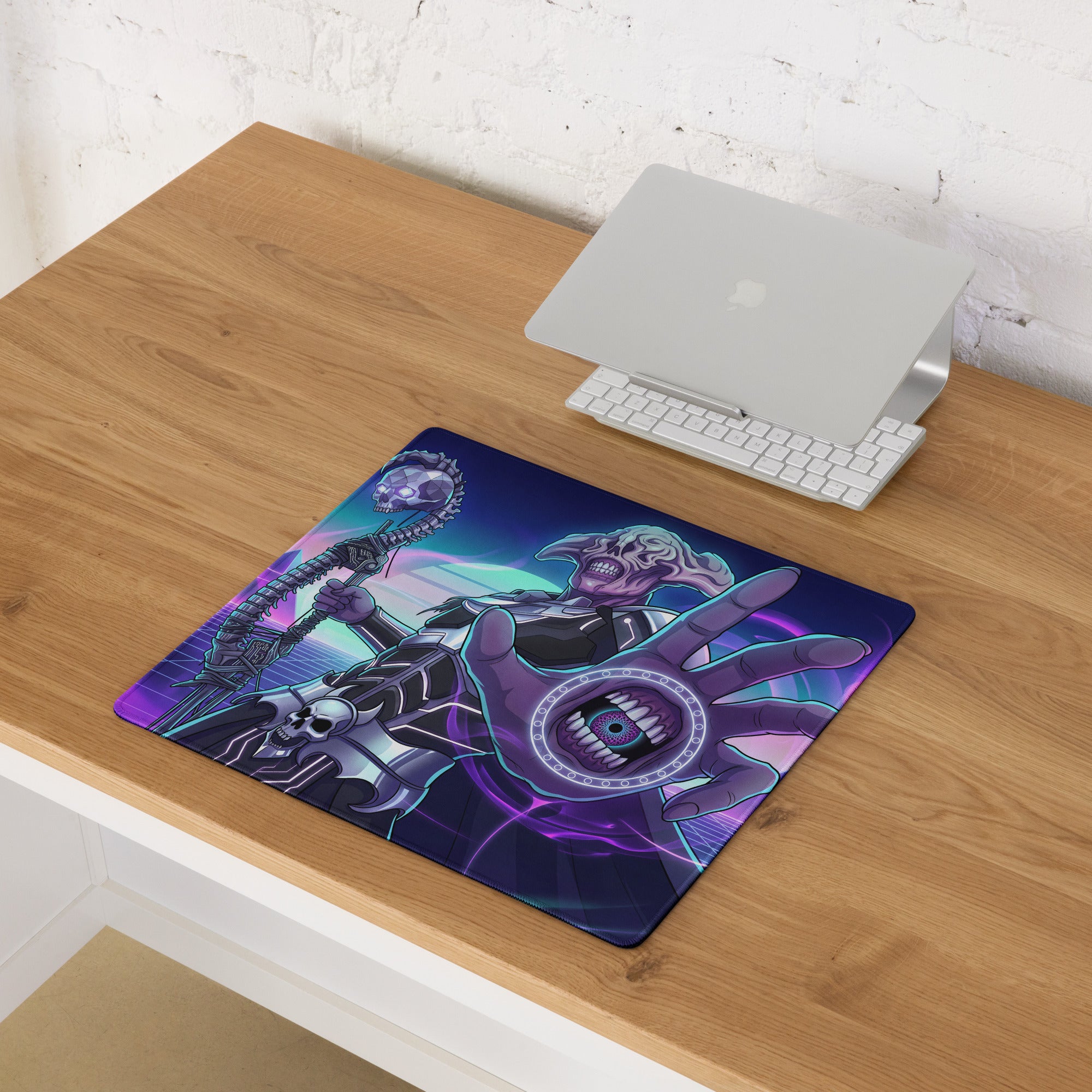 Neon vaporwave gamer pad purple and teal graphic mousepad with a skeletal figure with glowing eyes and mechanical limbs