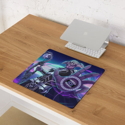 Neon vaporwave gamer pad purple and teal graphic mousepad with a skeletal figure with glowing eyes and mechanical limbs