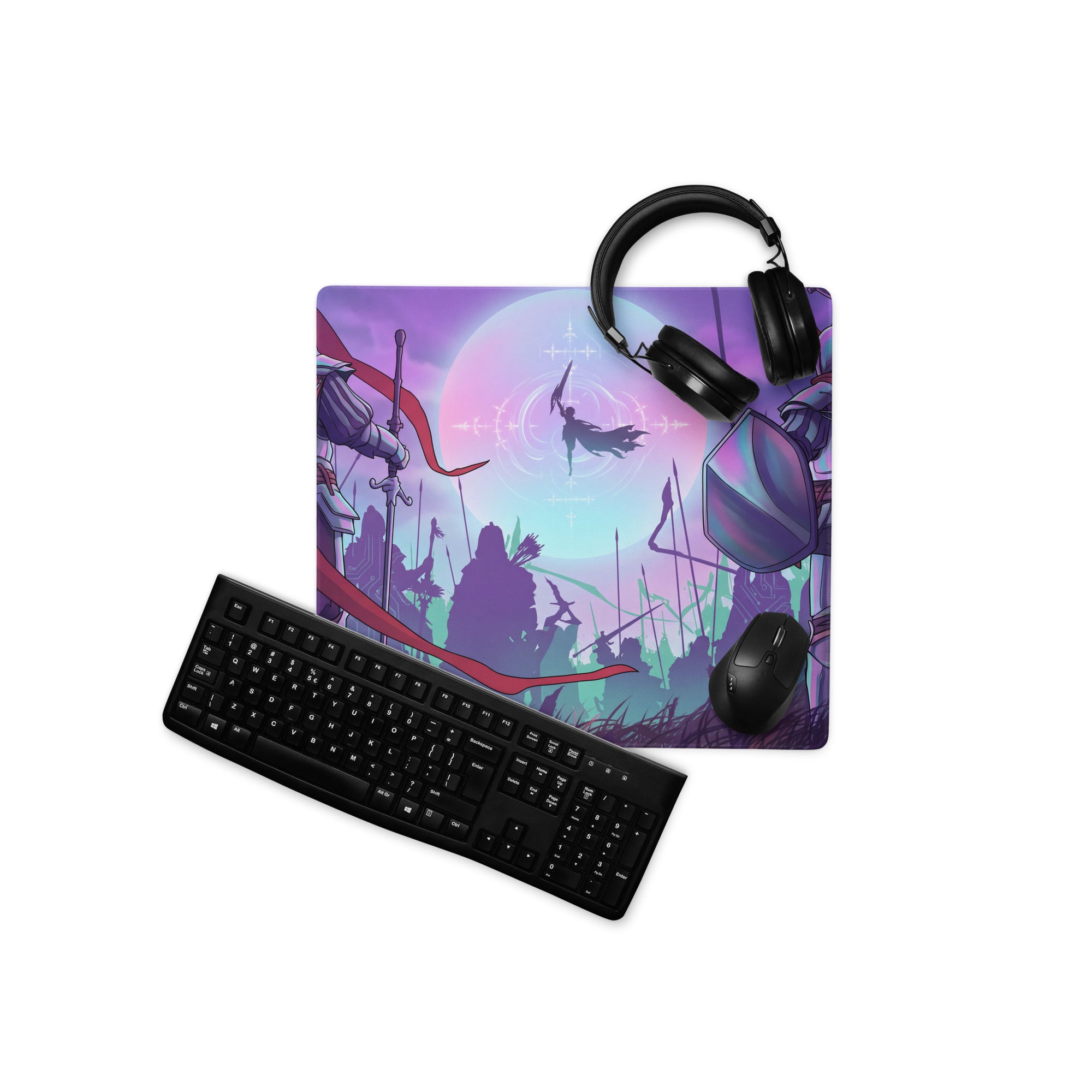 Purple and pink vaporwave neon knight gaming mouse pad with knightly battle scene for desktop cyberpunk setup