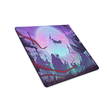 Purple and teal vaporwave neon knight gaming mouse pad with illustrated knights flying figure and glowing moon design