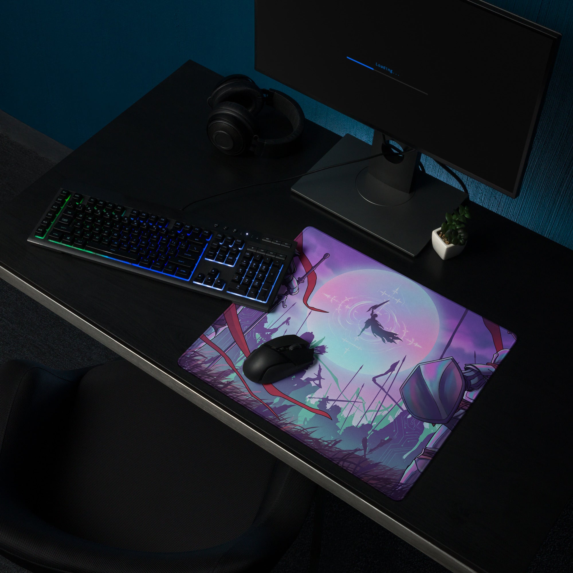 Purple and pink vaporwave neon knight gaming mouse pad with illustrated characters shields swords under glowing moon
