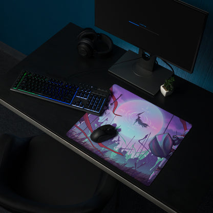 Purple and pink vaporwave neon knight gaming mouse pad with illustrated characters shields swords under glowing moon