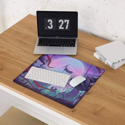 Purple and pink vaporwave neon knight gaming mouse pad with fantasy battle scene and glowing moon for desktop use